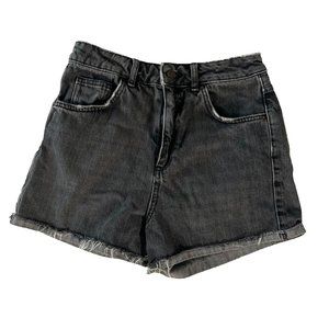 TOPSHOP Denim Shorts Moto Girlfriend Jean Sz 6 Washed Dark Grey High Waisted